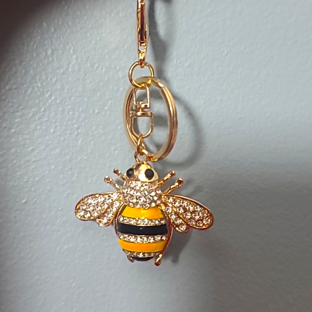 Bee Rhinestone Keychain Gold Tone Purse Clip